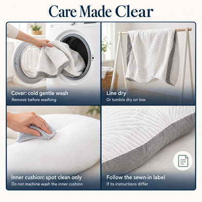 Care instructions for the Somvane U-shaped body pillow cover and core.