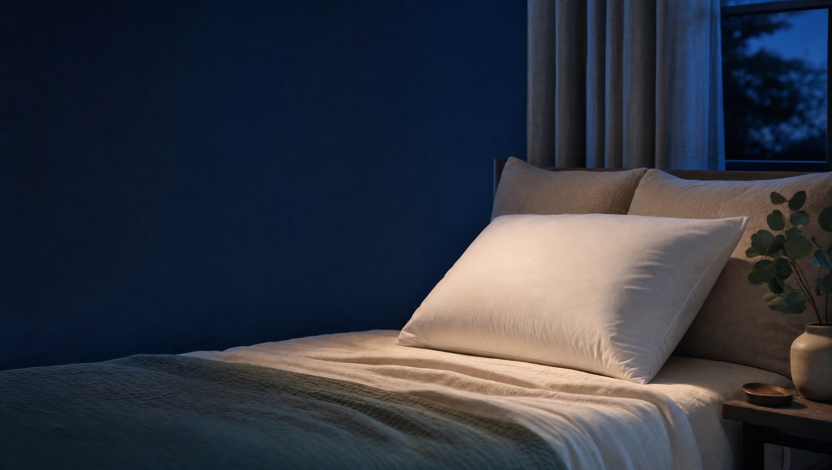 A calm bedroom in deep dusk-blue light